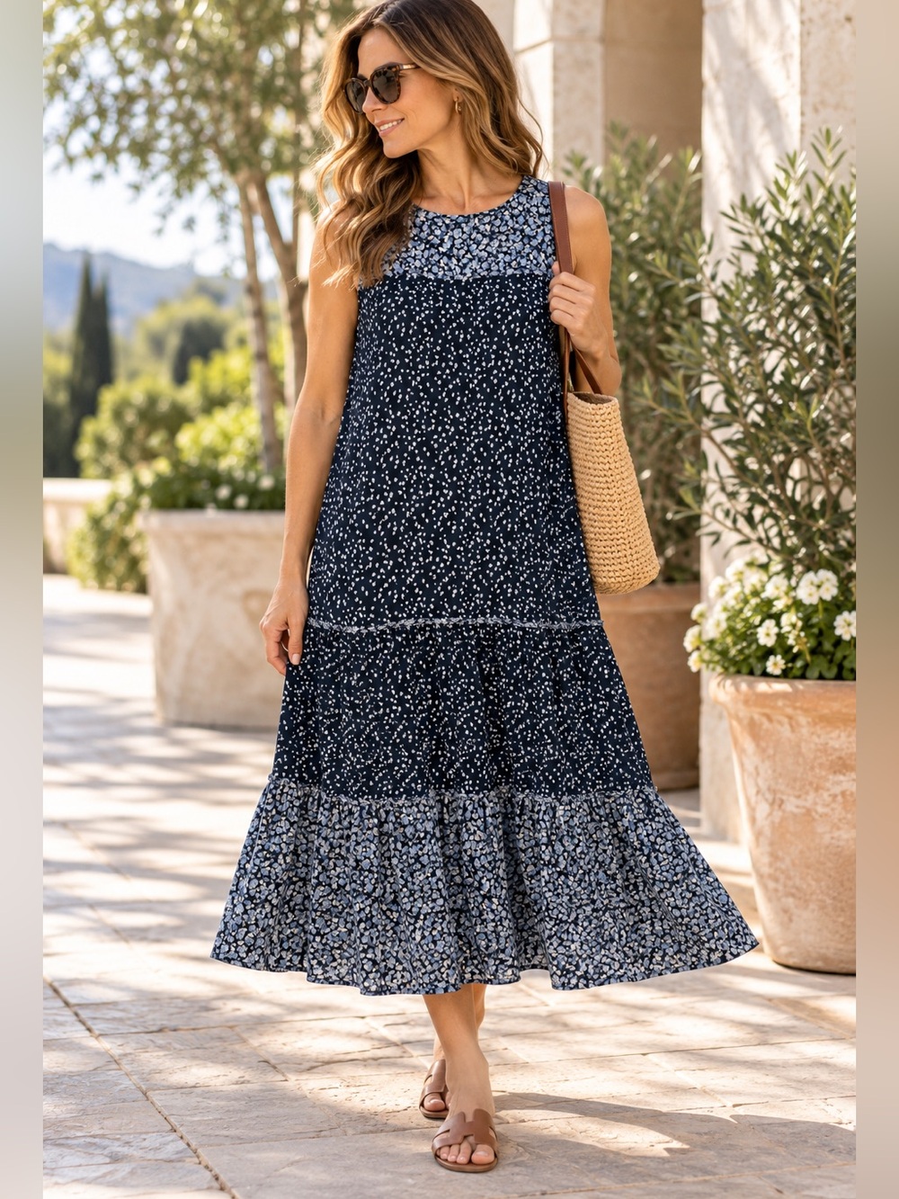 J.Jill Floral Tiered Maxi Dress Large Cotton Modal Tencel Navy Blue